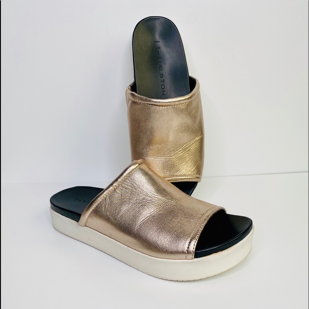 Metallic Leather Platform Slides